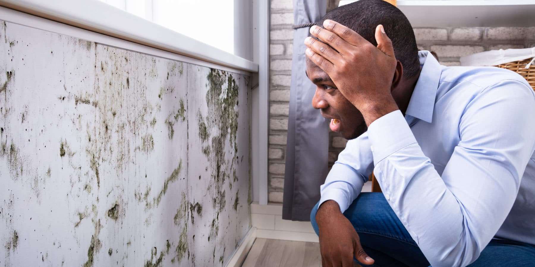 Side View Of A Shocked Young Man Looking At Mold and Mildew On Wall